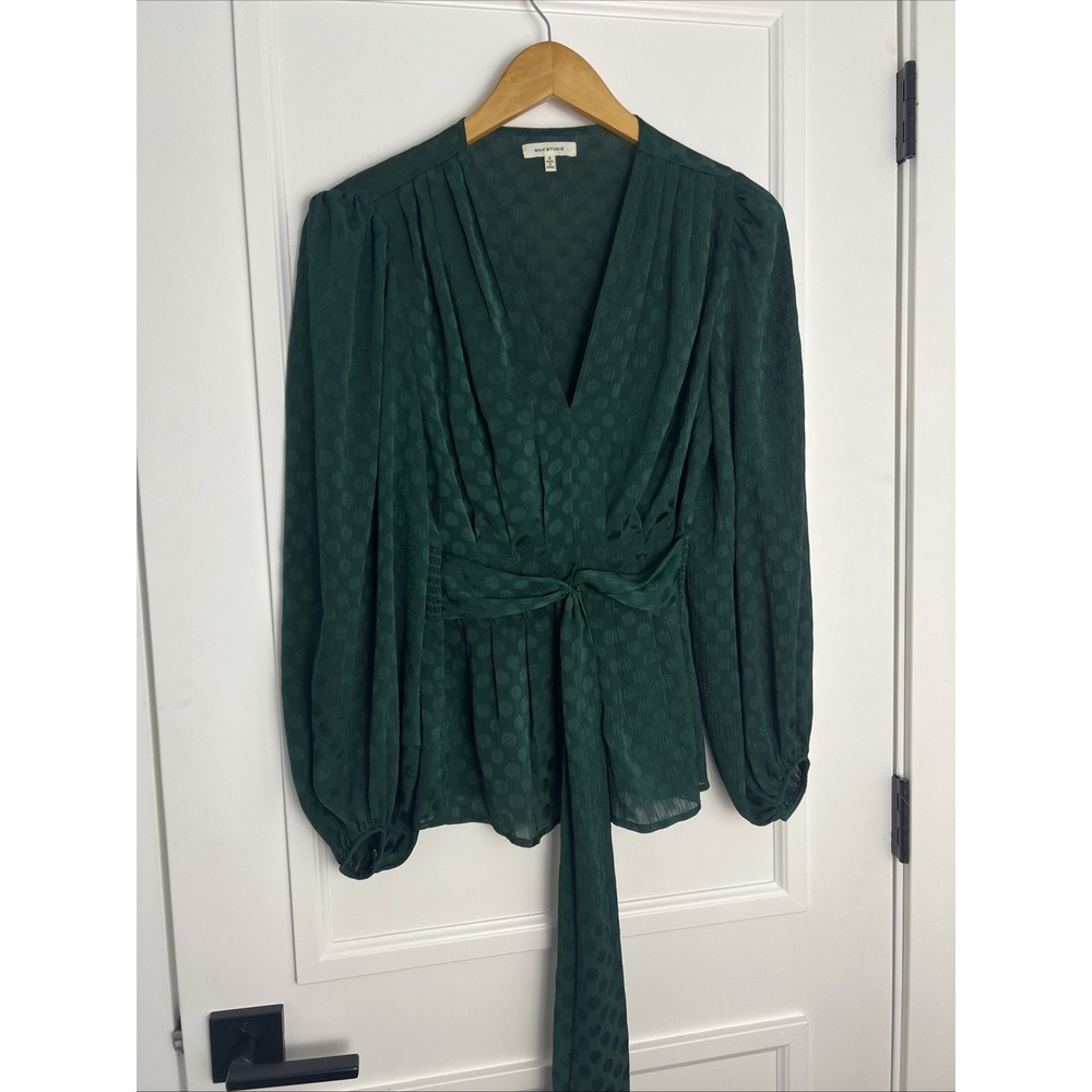 Max Studio Tie Front 3/4 Sleeve Blouse Top Size Small  Jade Green Floral V-neck